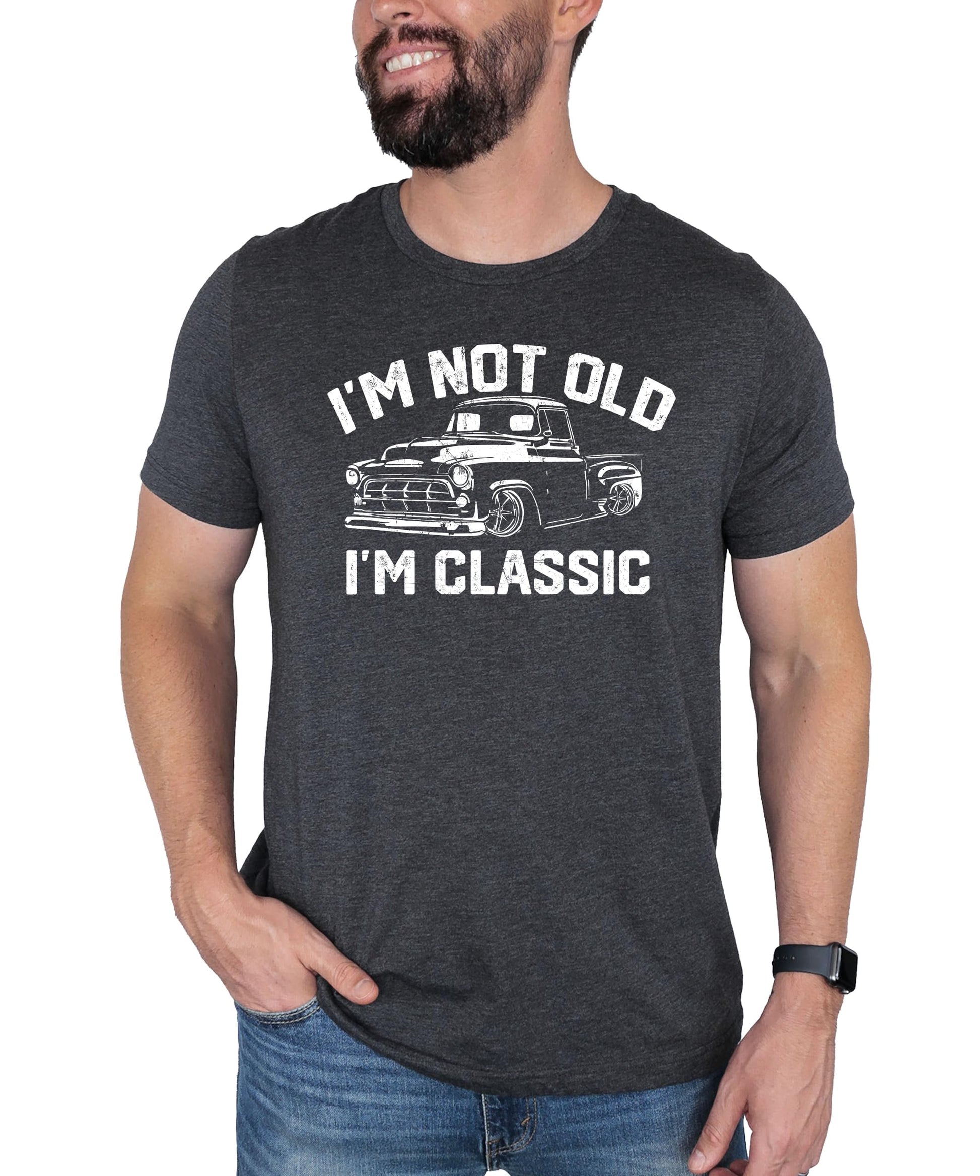 Black graphic tee with 'I'm Not Old I'm Classic' text and vintage truck illustration for men