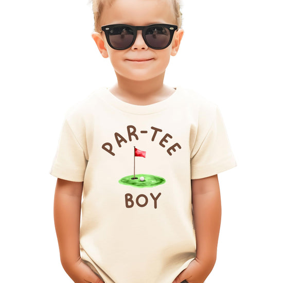 Kids birthday party shirt with golf theme Par-Tee Boy design in natural color