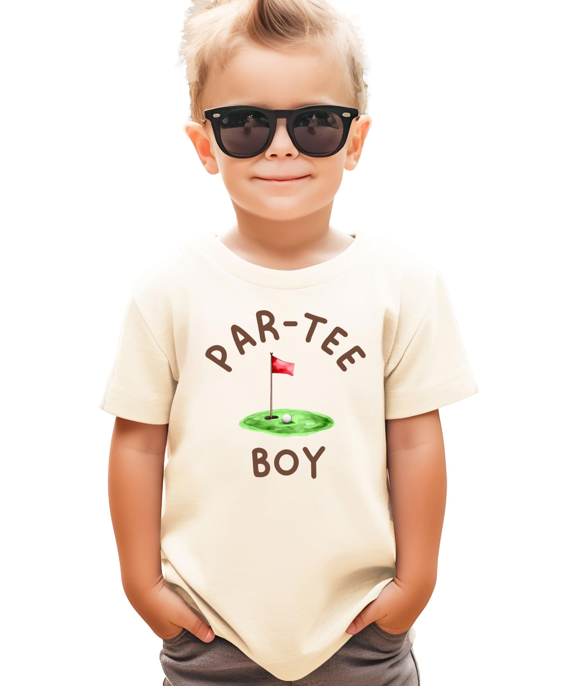 Kids birthday party shirt with golf theme Par-Tee Boy design in natural color