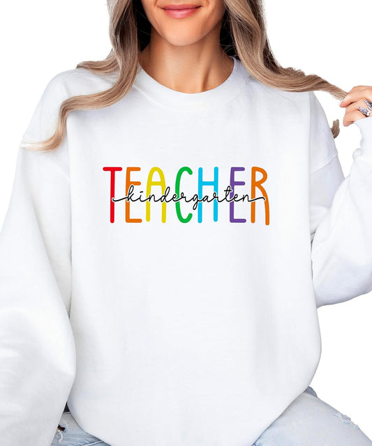 Olive Loves Apple Kindergarten Teacher Sweatshirt for Women Colorful Rainbow Back to School Crewneck