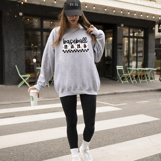Checkered softball mom sweatshirt laid flat showing print quality and fabric