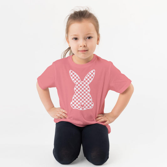 Bunny Checkered Easter Tee for Girls | Cute Peach Graphic Shirt
