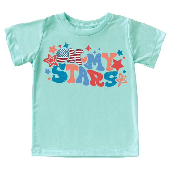 Family matching 4th of July Oh My Stars shirts laid flat showing design detail