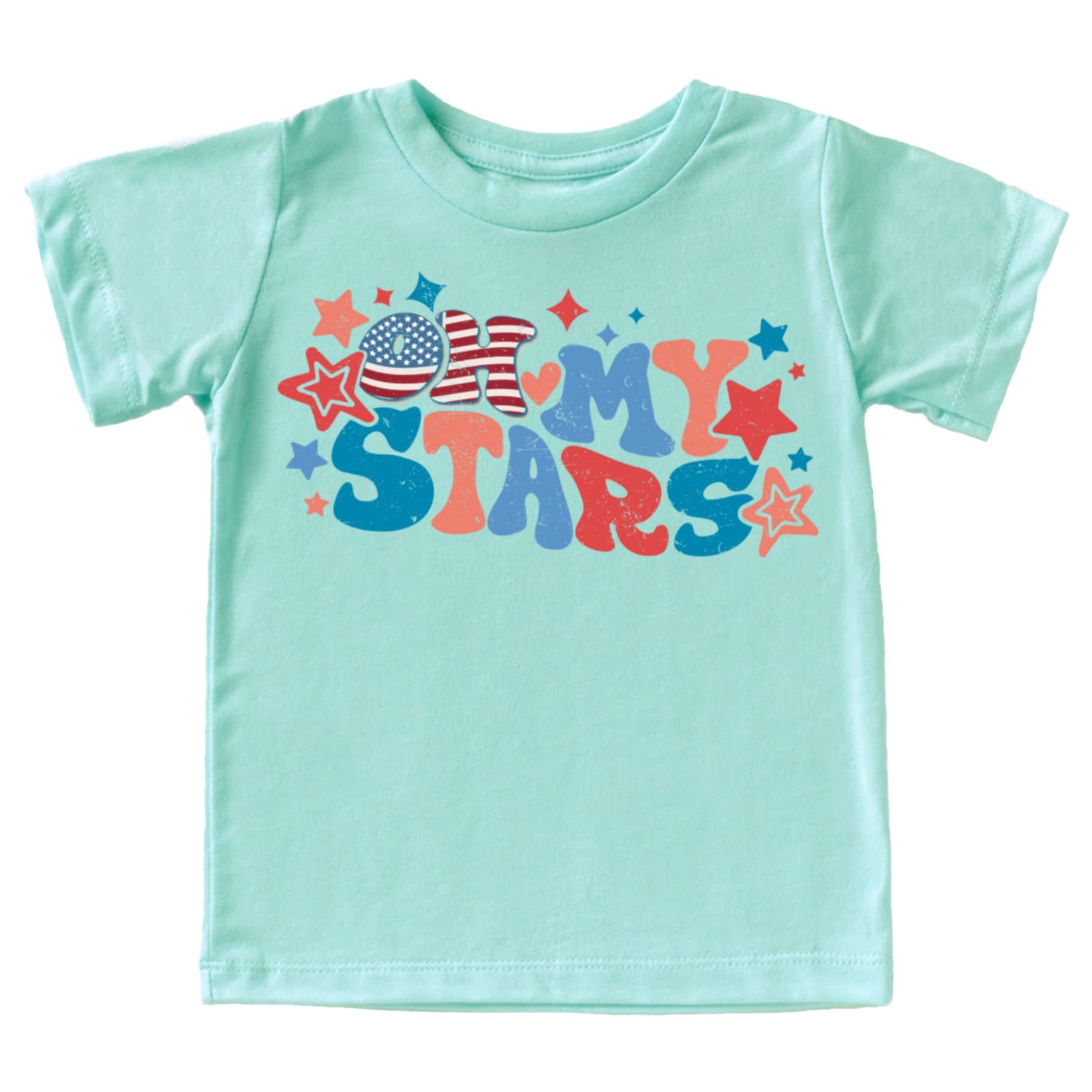 Family matching 4th of July Oh My Stars shirts laid flat showing design detail