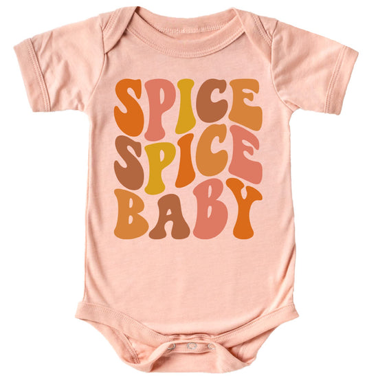 Baby wearing Spice Spice Baby Halloween shirt in vintage burgundy for fall season