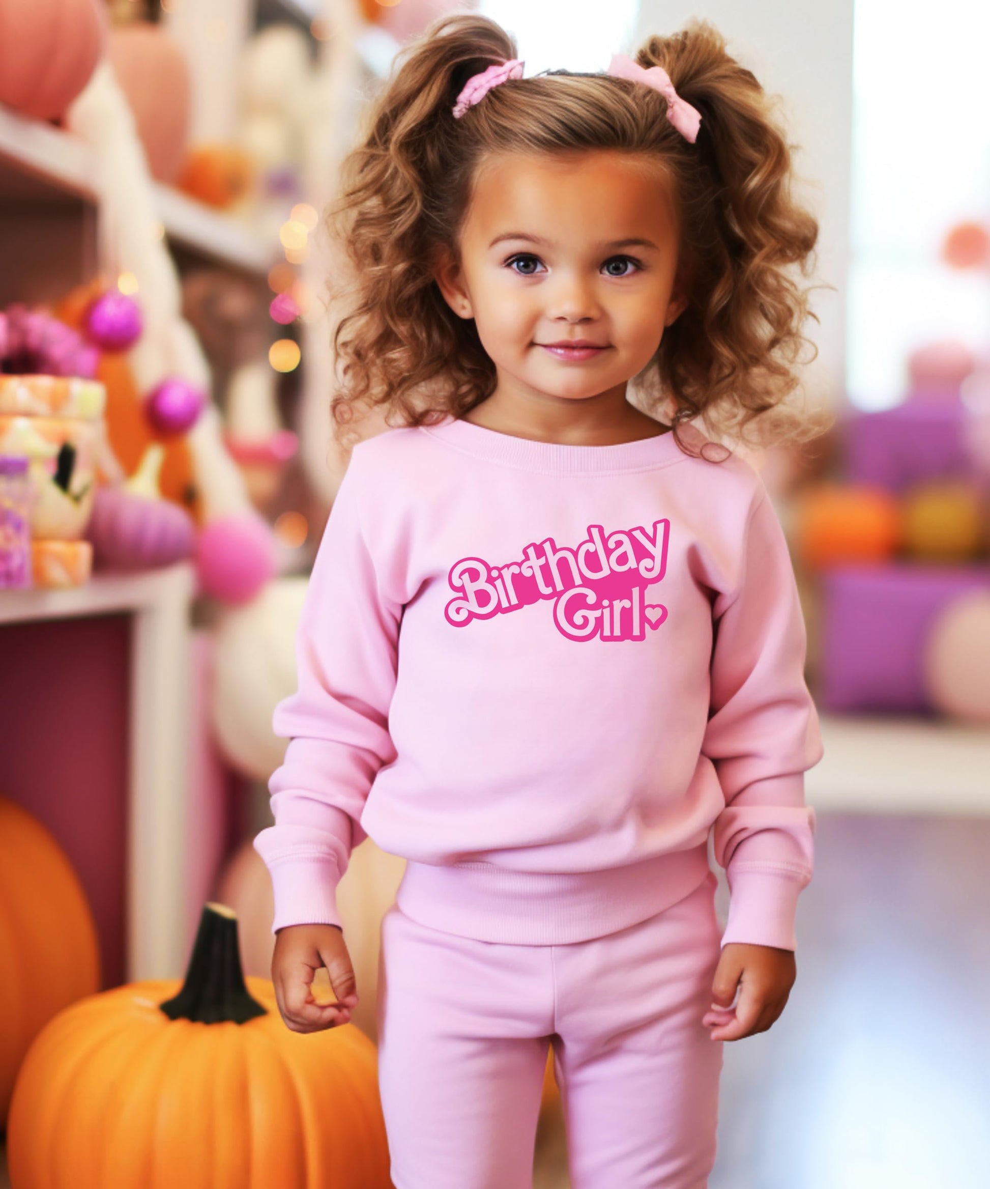 Youth pink Birthday Girl sweatshirt laid flat showing full design