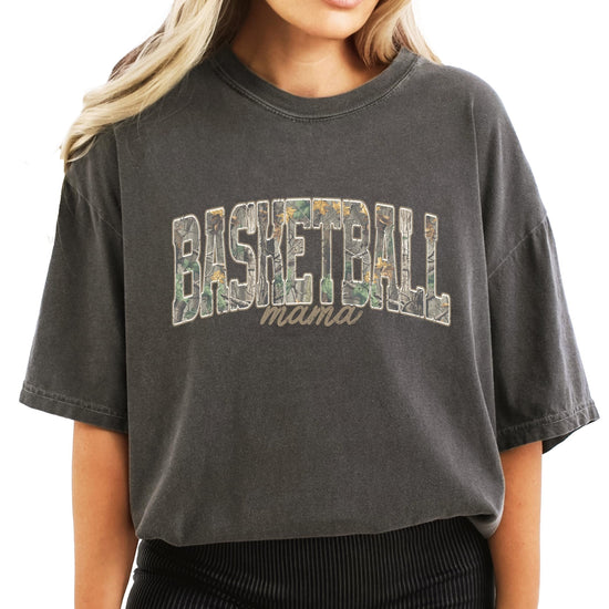 Basketball Mama shirt detail shot highlighting vintage distressed camouflage print quality