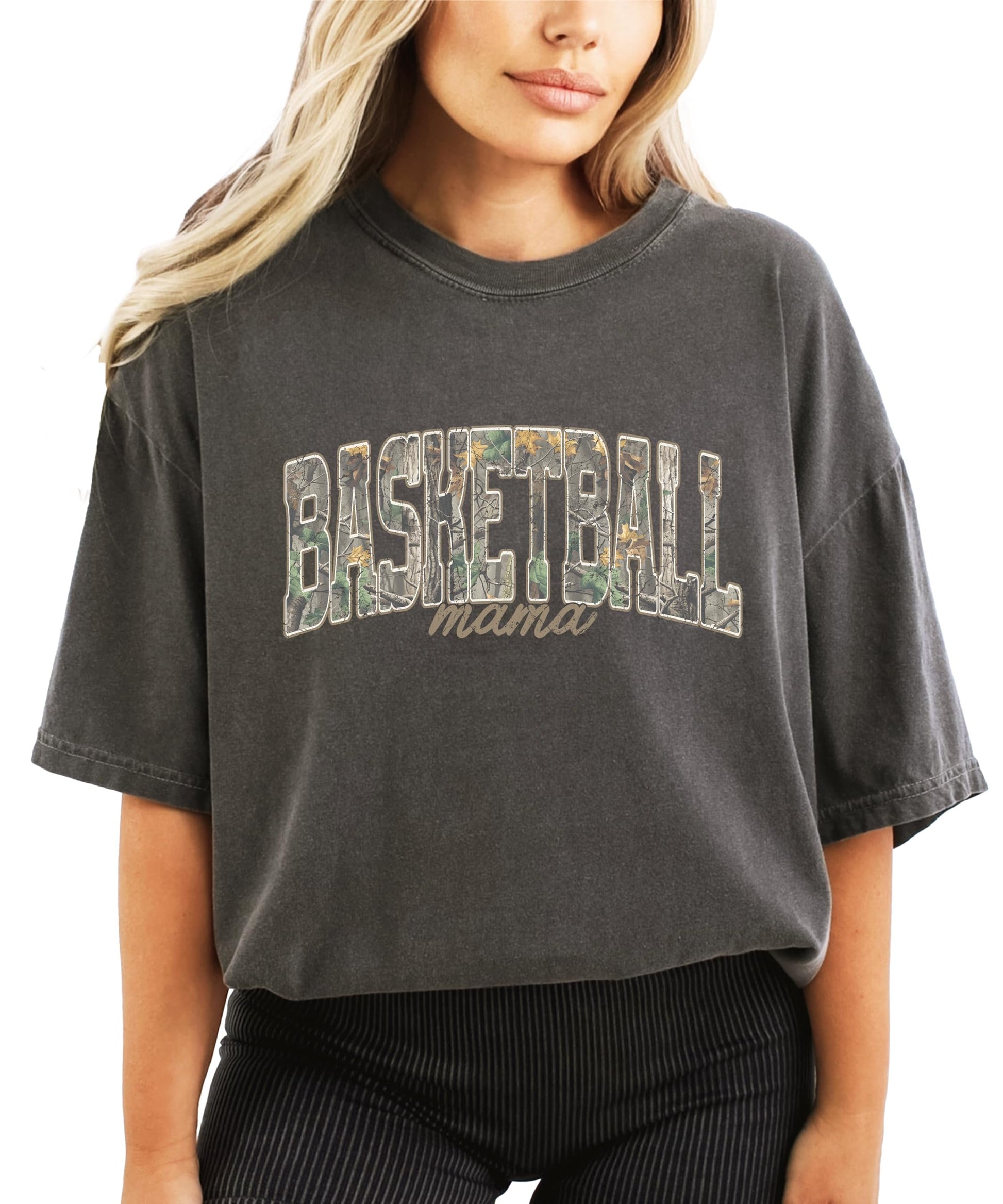 Basketball Mama shirt detail shot highlighting vintage distressed camouflage print quality