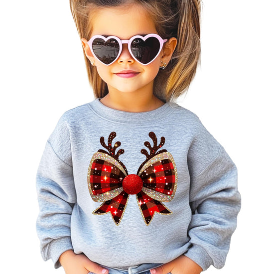 Women's red and black buffalo check Christmas bow with reindeer antlers graphic tee front view
