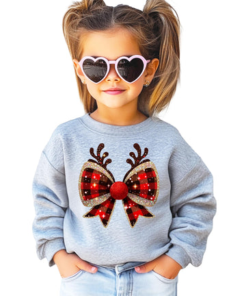 Women's red and black buffalo check Christmas bow with reindeer antlers graphic tee front view
