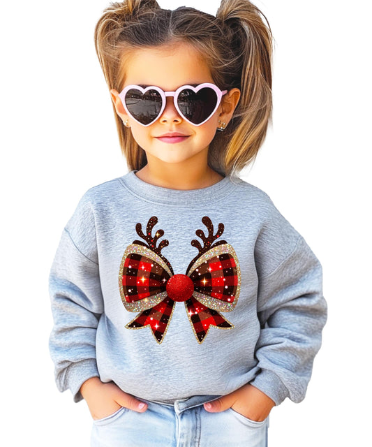 Women's red and black buffalo check Christmas bow with reindeer antlers graphic tee front view