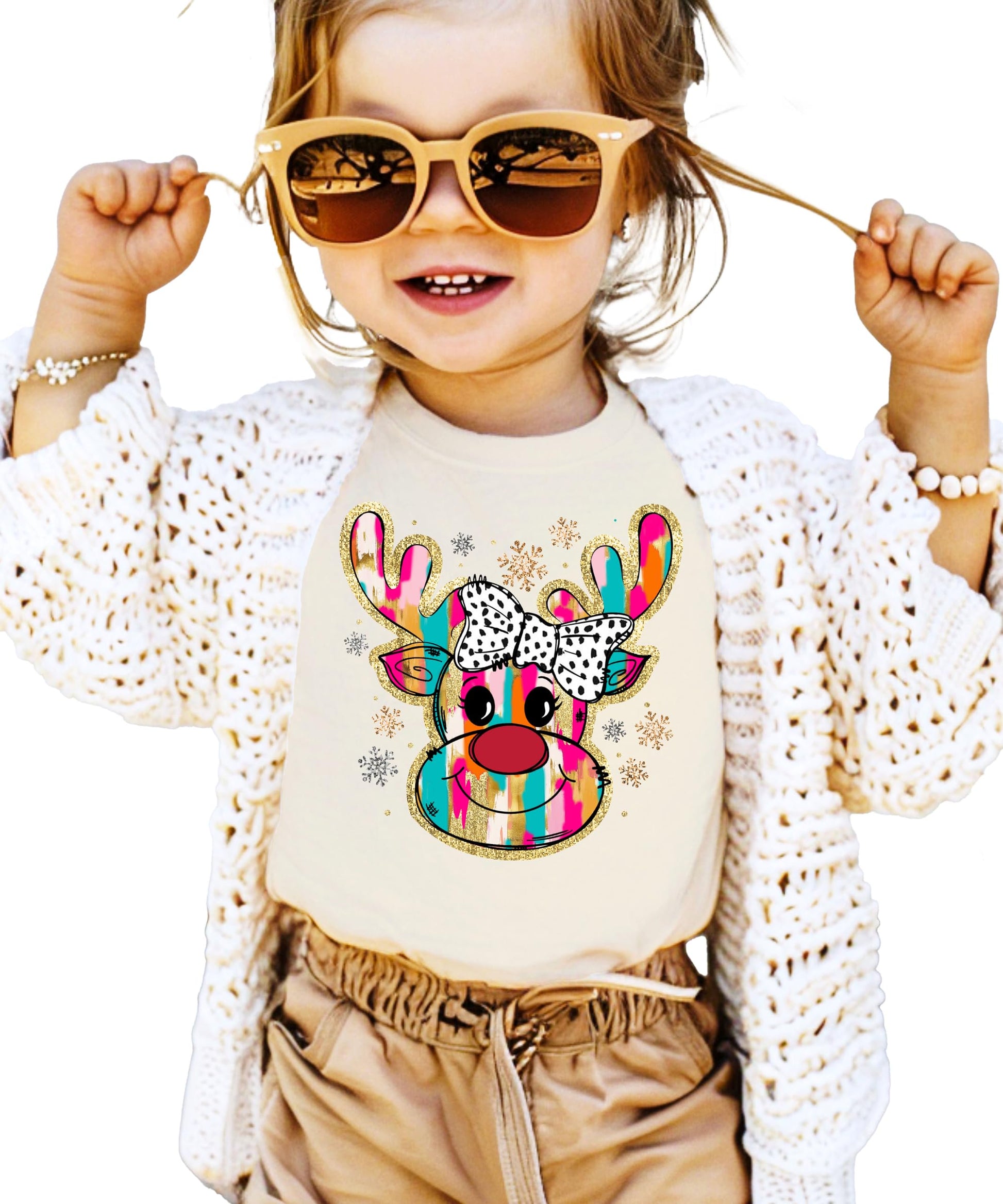 Side or back view of kids' pink holiday reindeer tee showing fit and fabric quality