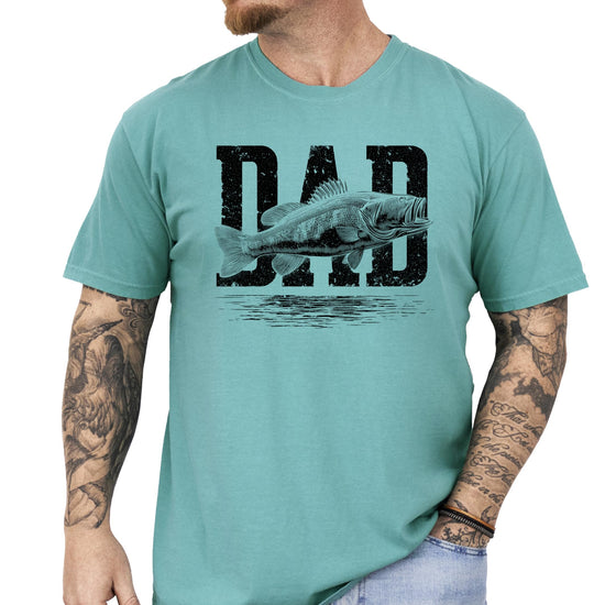 Model wearing Olive Loves Apple dad fishing shirt, casual everyday style