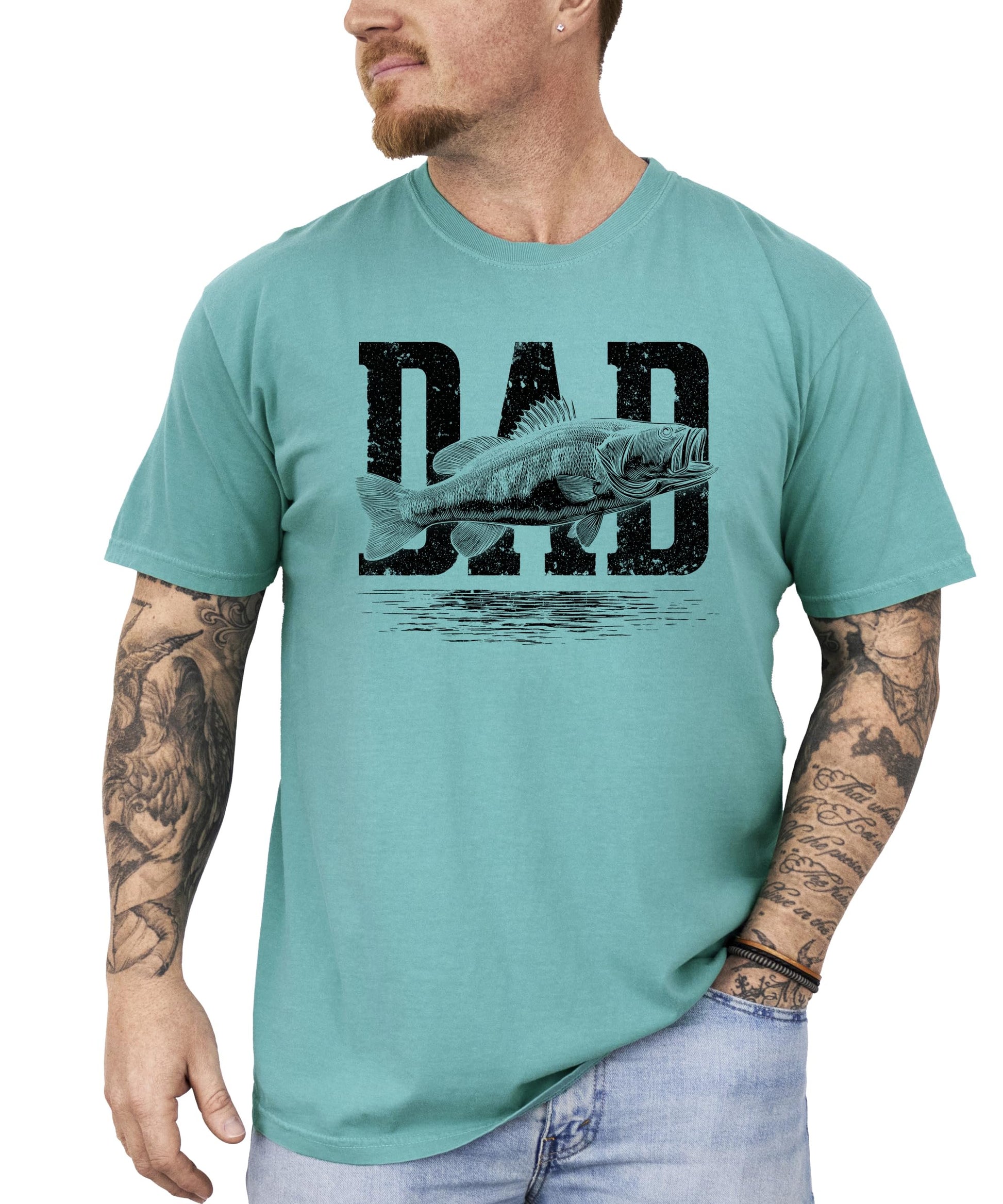Model wearing Olive Loves Apple dad fishing shirt, casual everyday style