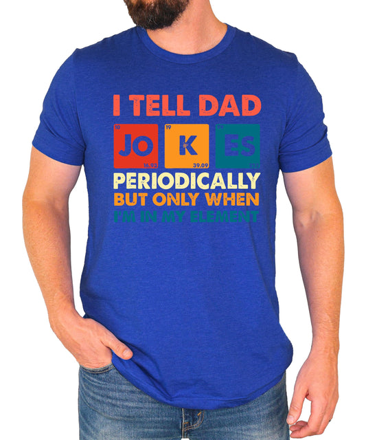 Close-up of I Tell Dad Jokes Periodically science graphic print on black t-shirt for men