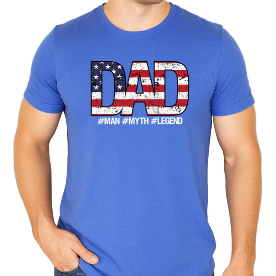 Close-up of distressed American flag DAD graphic print on men's short sleeve t-shirt