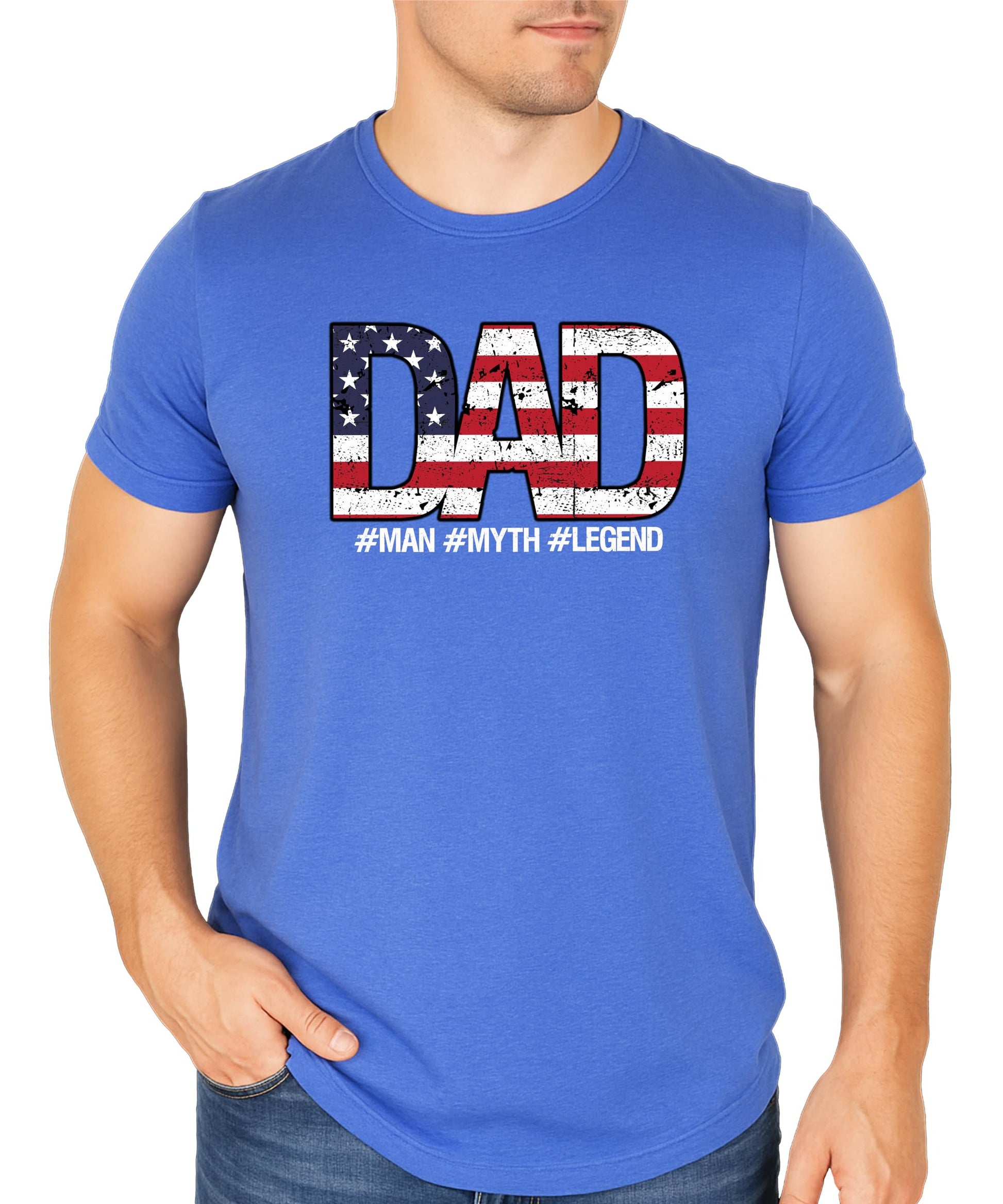 Close-up of distressed American flag DAD graphic print on men's short sleeve t-shirt