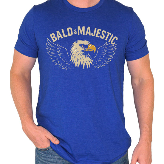 Close-up of Bald and Majestic eagle dad joke print on dark gray men's t-shirt