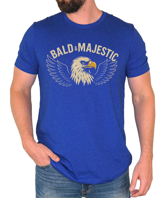 Close-up of Bald and Majestic eagle dad joke print on dark gray men's t-shirt