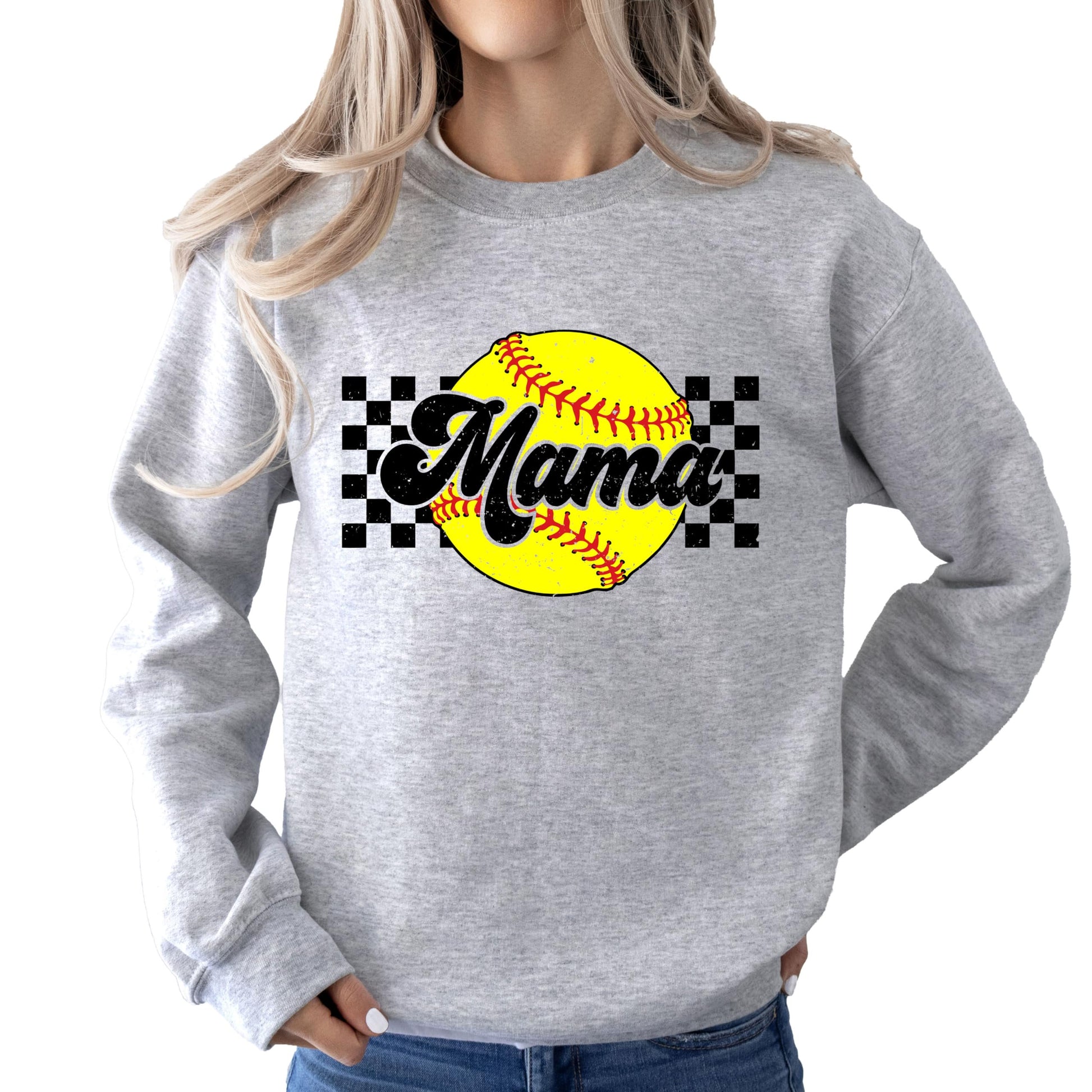Front view of white Softball Mama sweatshirt with yellow checkered graphic print