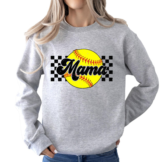 Front view of white Softball Mama sweatshirt with yellow checkered graphic print