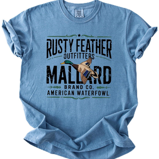 Rusty Feather Outfitters unisex mallard duck hunting graphic tee with bold waterfowl print