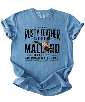 Rusty Feather Outfitters unisex mallard duck hunting graphic tee with bold waterfowl print