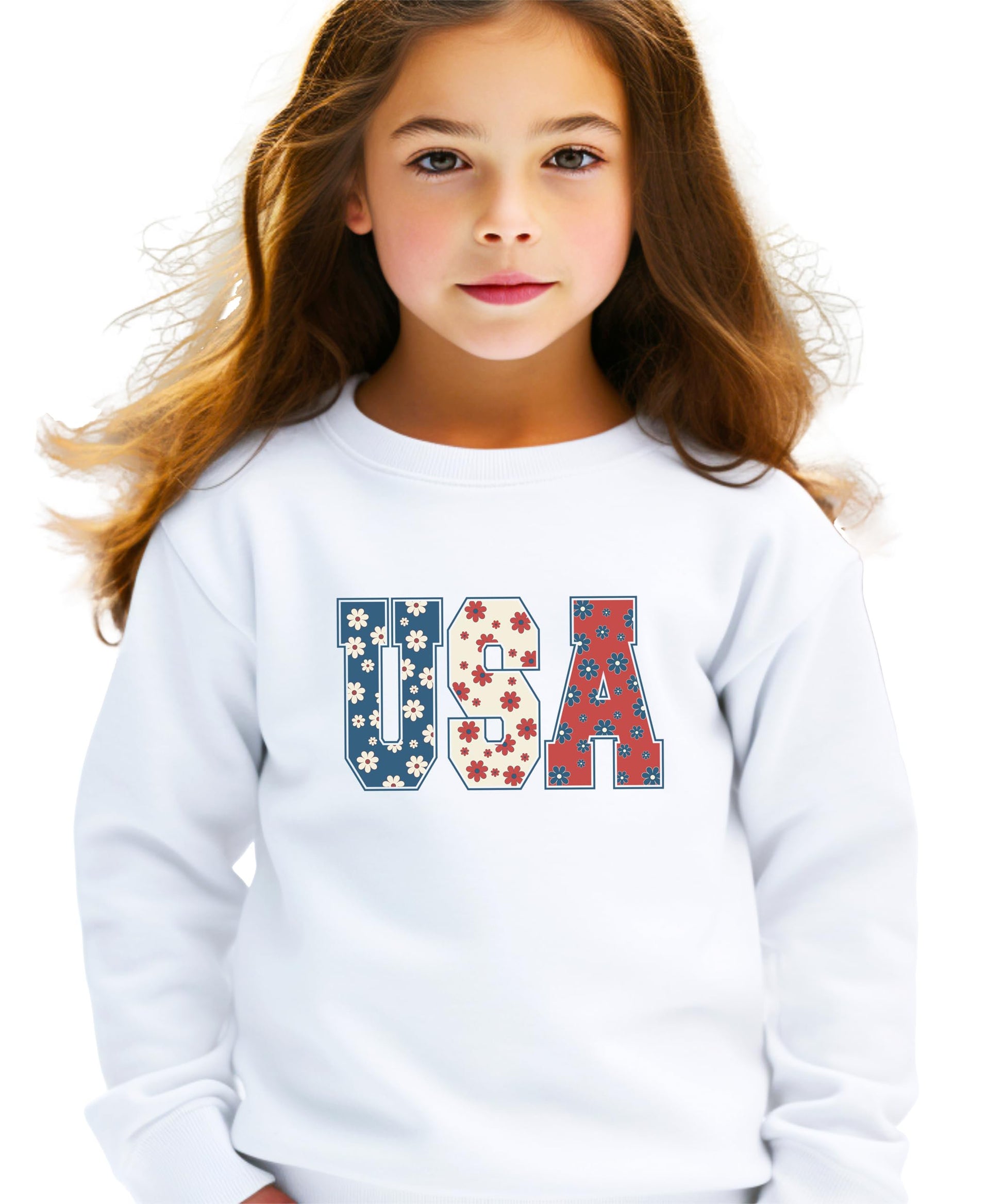 Flat lay of white Floral USA sweatshirt with girly red white and blue graphic print