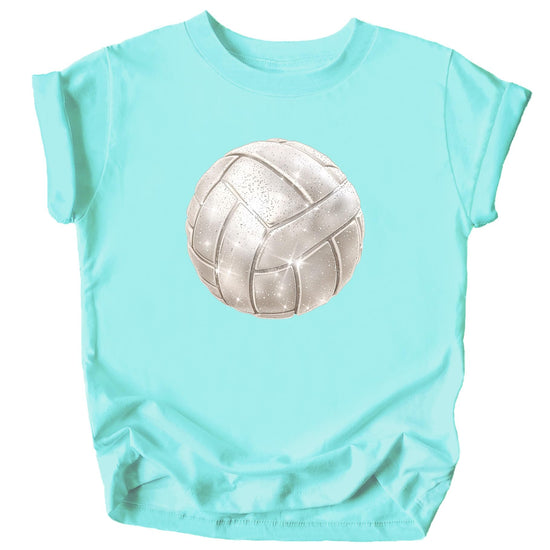 Faux glitter volleyball shirt detail shot showing print quality on natural fabric