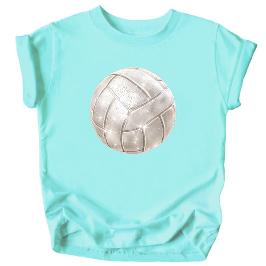 Faux glitter volleyball shirt detail shot showing print quality on natural fabric