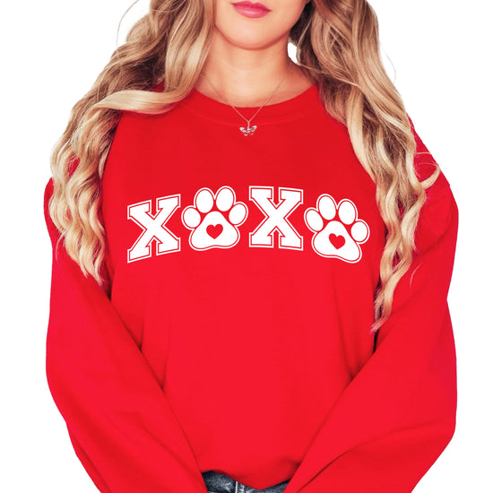 Women's sweatshirt with XoXo pawprint Valentine's Day graphic design for animal lovers