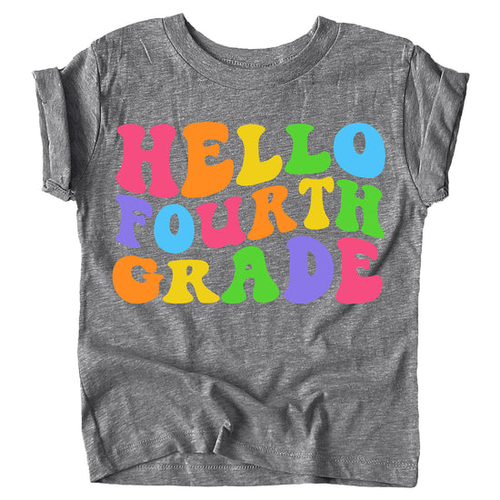 Child wearing Hello 4th Grade pink back to school shirt with colorful wavy lettering