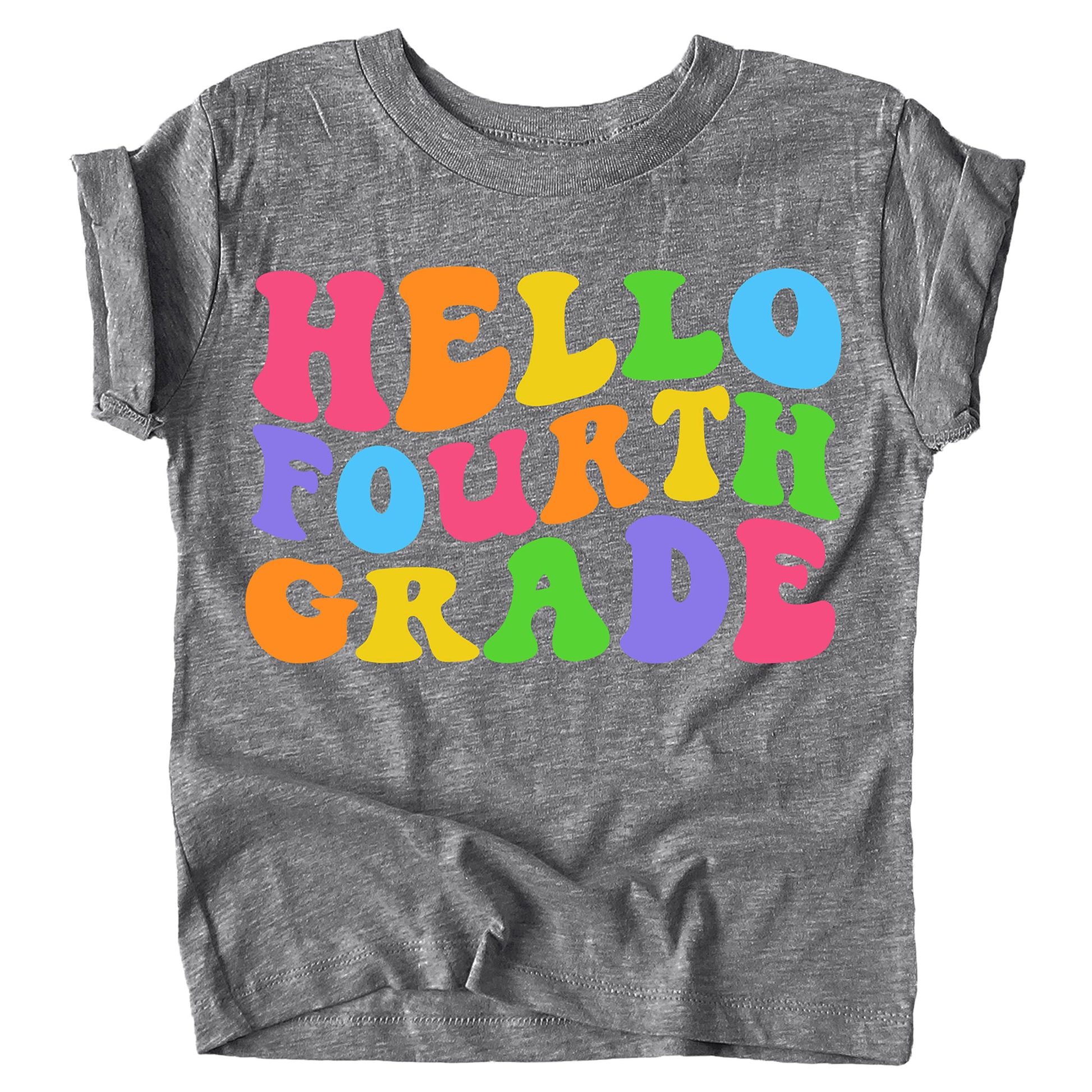 Child wearing Hello 4th Grade pink back to school shirt with colorful wavy lettering