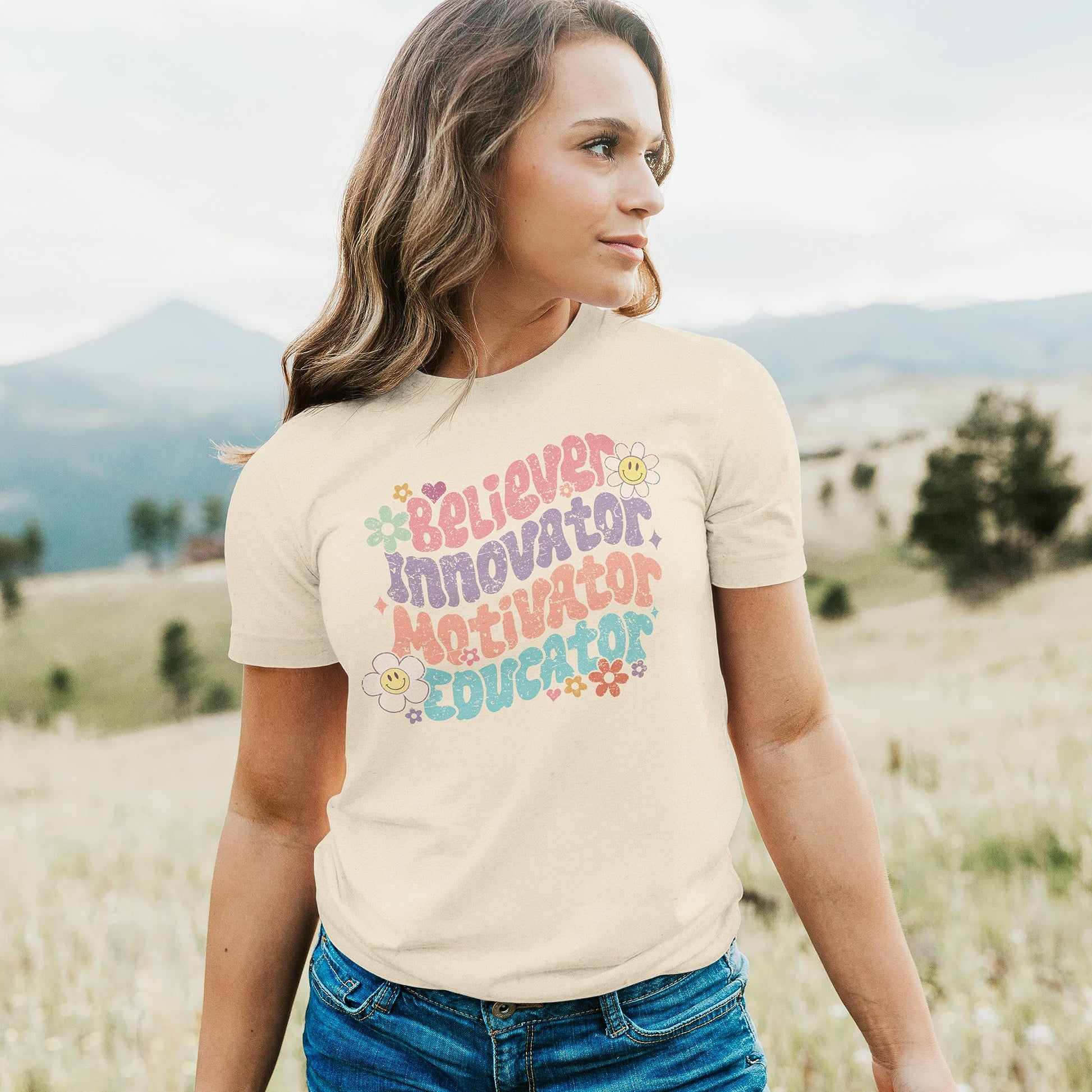 Women's inspirational teacher shirt laid flat showing full graphic design