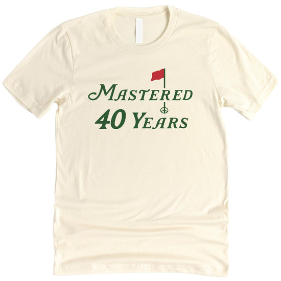 Detail shot of the Mastered 40 Years graphic on a soft unisex birthday tee