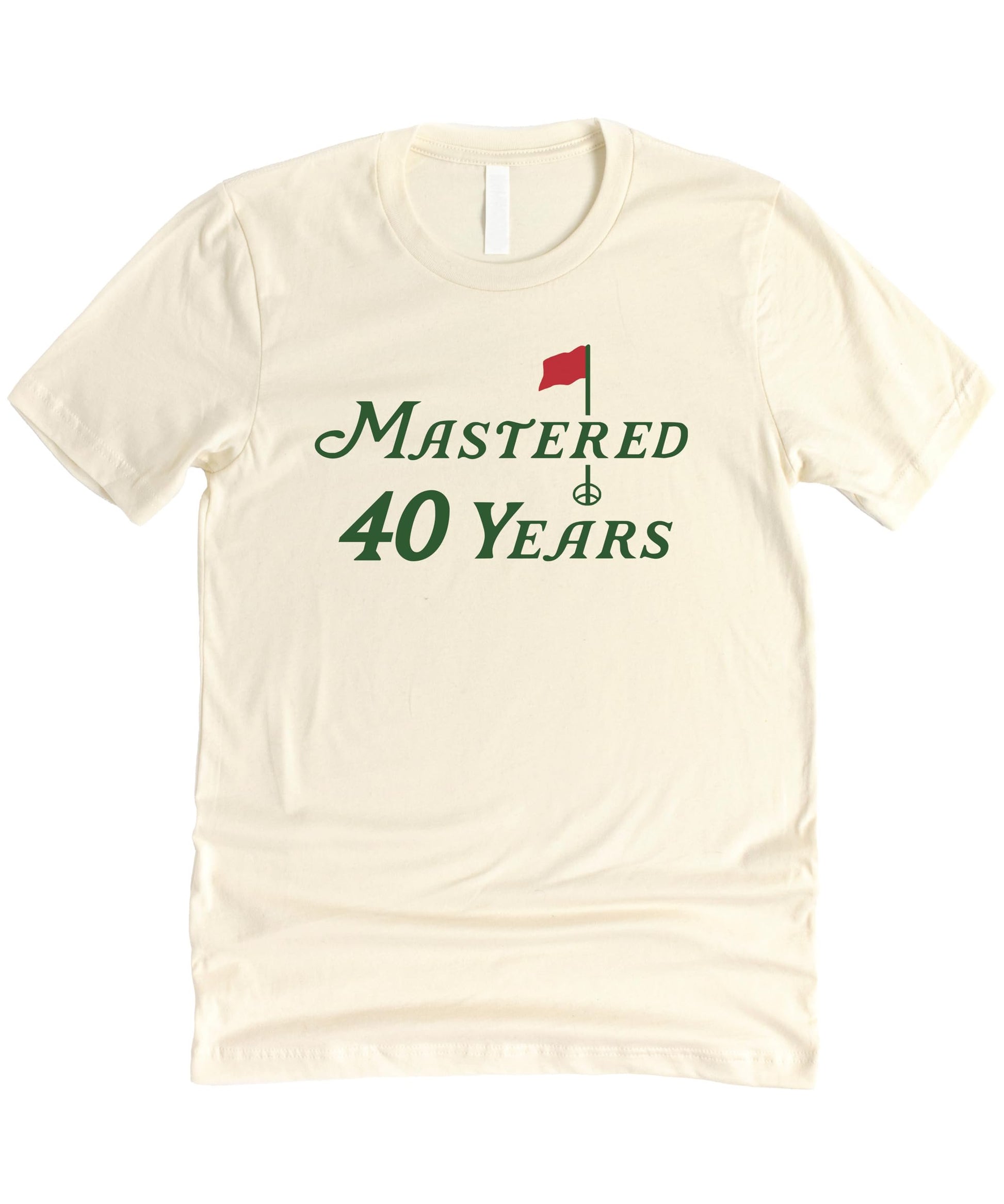 Detail shot of the Mastered 40 Years graphic on a soft unisex birthday tee