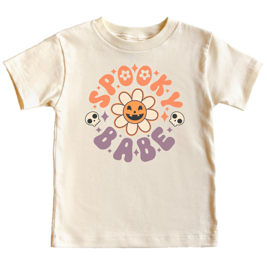 Spooky Babe Daisy Pumpkin Halloween graphic tee for toddler and youth girls in peach
