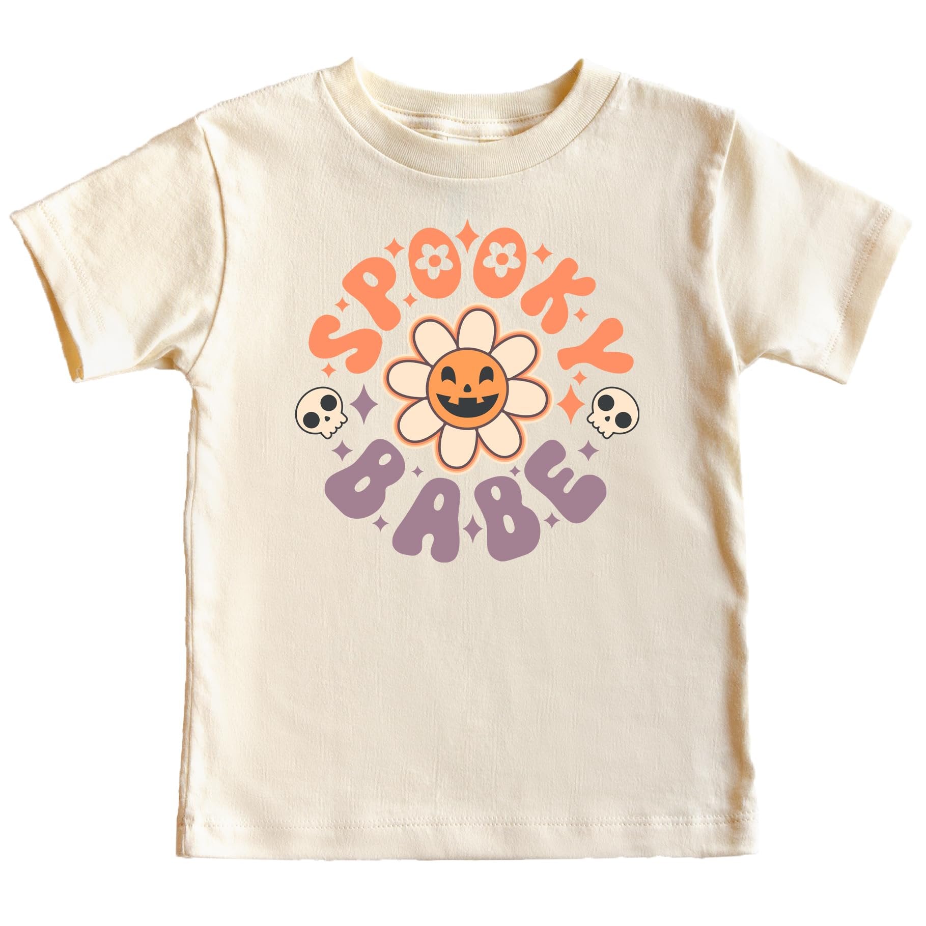 Spooky Babe Daisy Pumpkin Halloween graphic tee for toddler and youth girls in peach