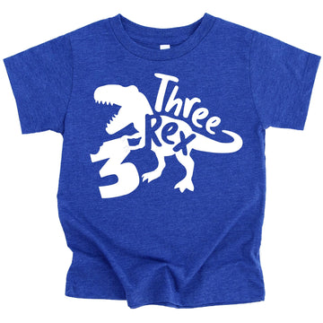 Third Birthday T-Rex Shirt for Boys and Girls Three Rex Dinosaur Outfit for 3rd Bday White on Military Green Shirt 5-6