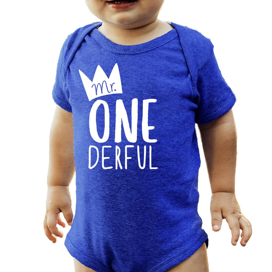 Mr. One-Derful vintage royal graphic first birthday bodysuit for baby boys