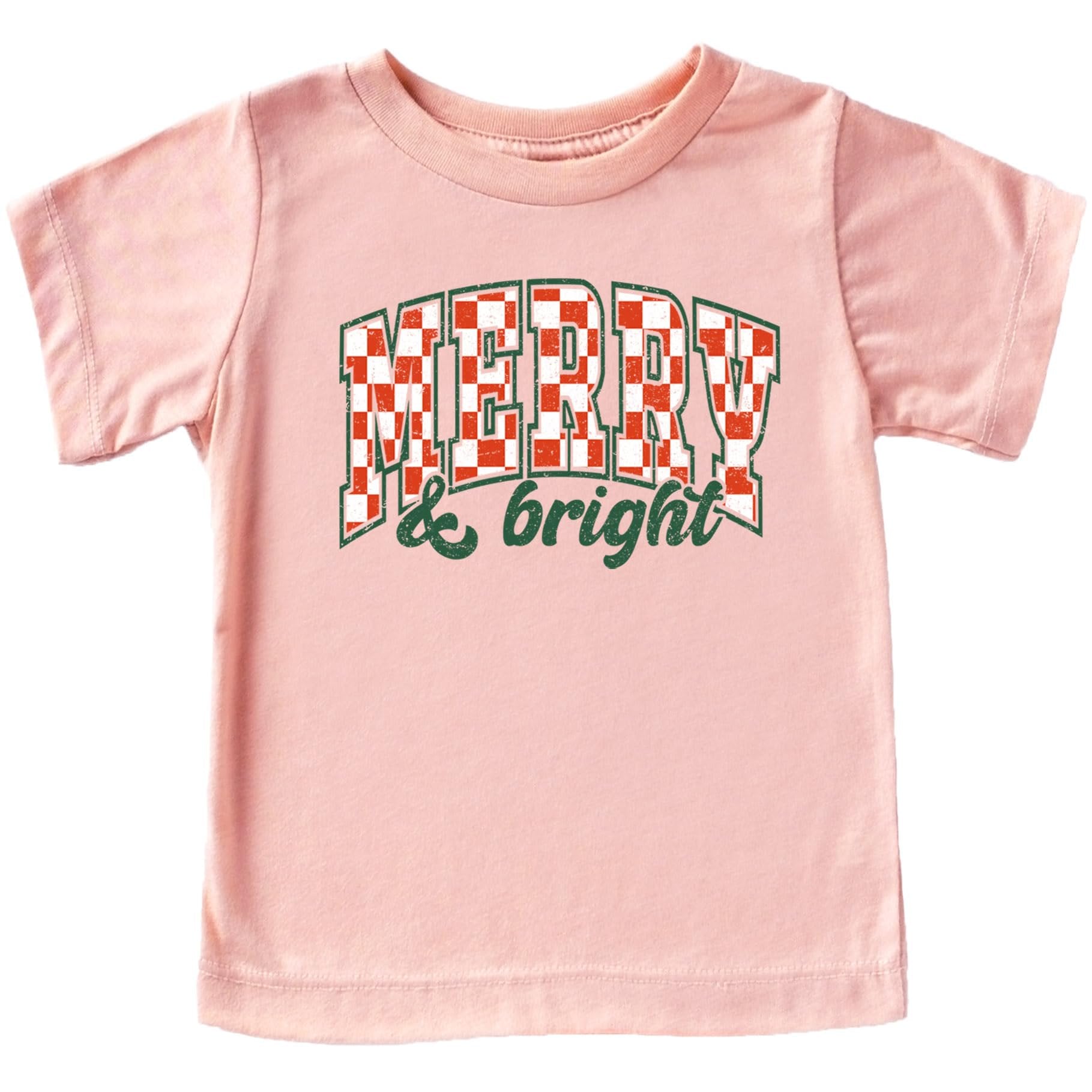 Close-up of Merry and Bright retro holiday graphic print on peach youth tee
