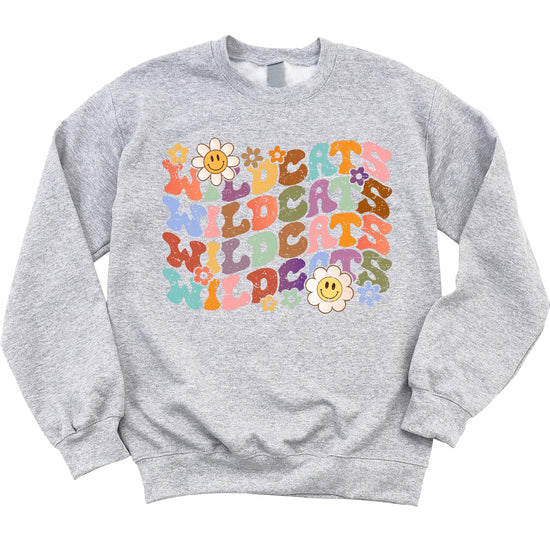 Gray vintage Wildcats sweatshirt with colorful rainbow wavy lettering on front