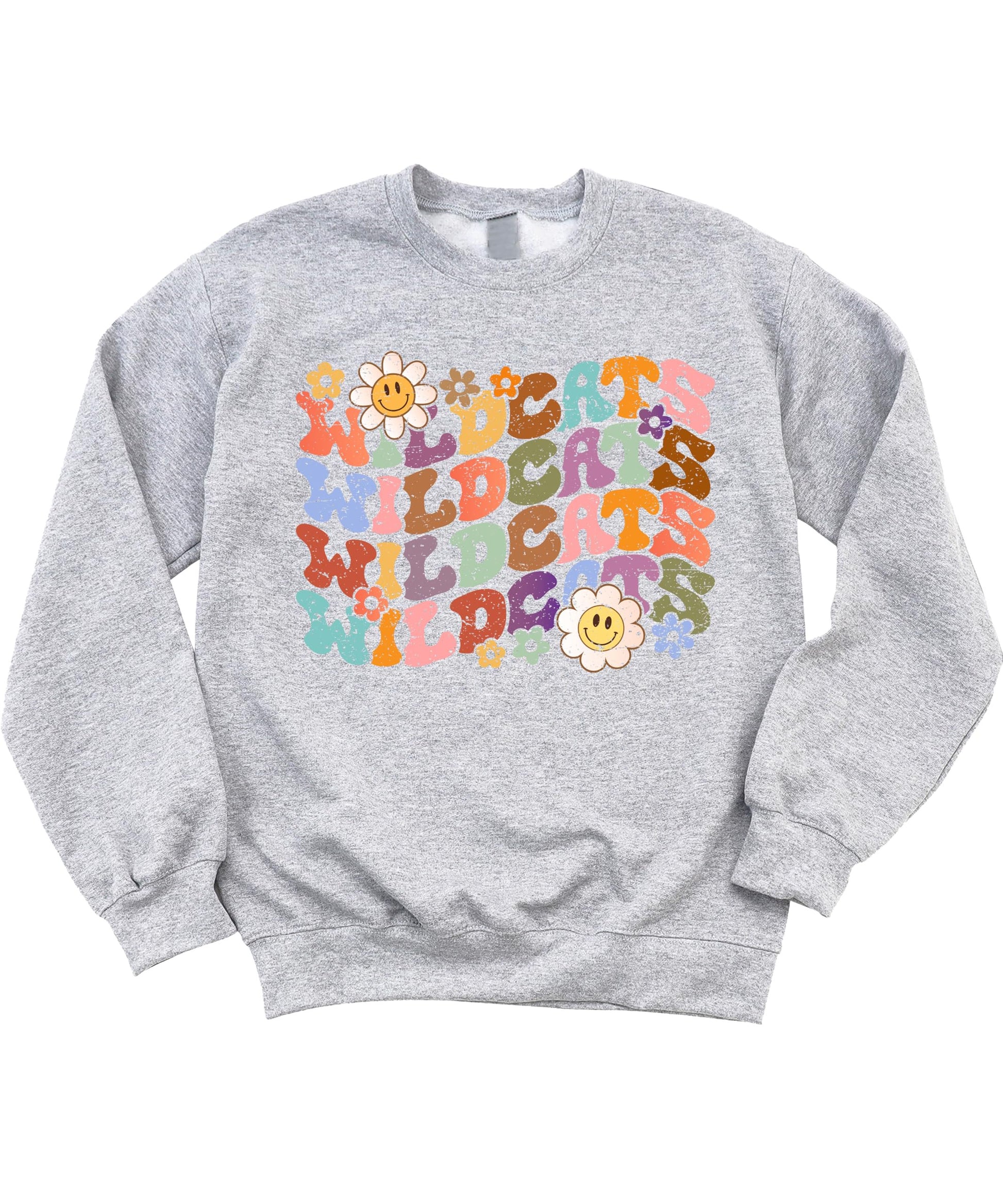 Gray vintage Wildcats sweatshirt with colorful rainbow wavy lettering on front