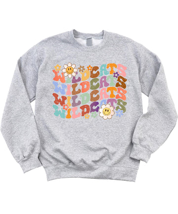 Gray vintage Wildcats sweatshirt with colorful rainbow wavy lettering on front