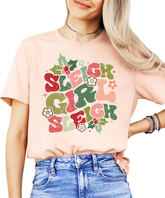 Front view of Sleigh Girl Sleigh festive holiday shirt for women in natural color