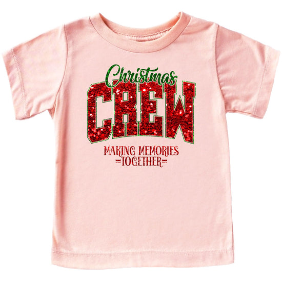 Close-up of faux glitter Christmas Crew Making Memories Together design on natural tee