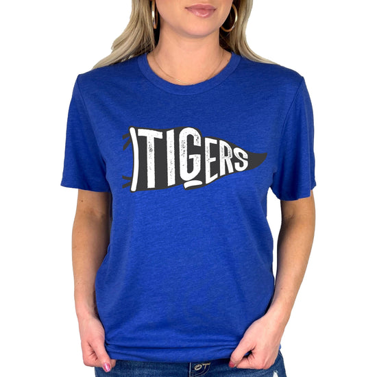 Tigers mascot flag graphic tee on hanger showing full shirt design and cut