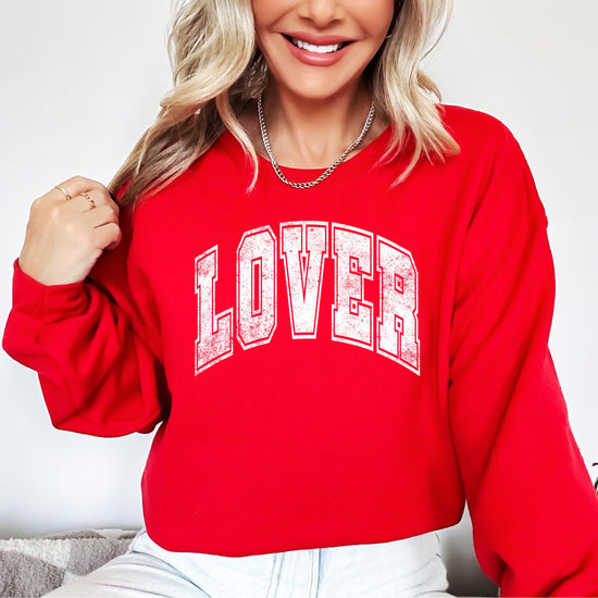 Lover sweatshirt detail shot showing print quality and distressed varsity lettering
