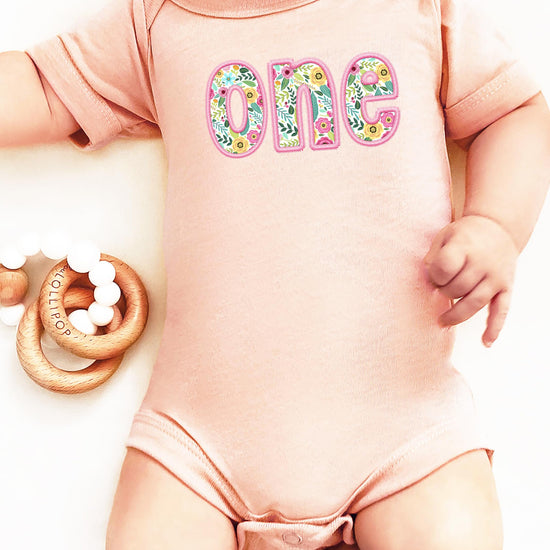 Baby girl first birthday outfit bodysuit with girly floral one design perfect for cake smash photos