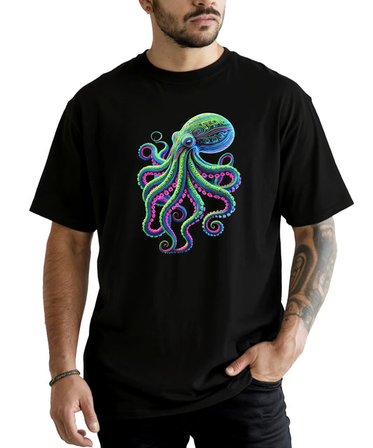 Trendy Octopus T-Shirt for Men and Youth Boys Colorful Neon Ocean Animal Graphic Tee Dark Gray Heather Shirt Adult Large